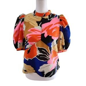 Ted Baker AZURA Floral Puff Sleeve Mock Neck Zipper‎ Back Top Size 3 (US 4/6)